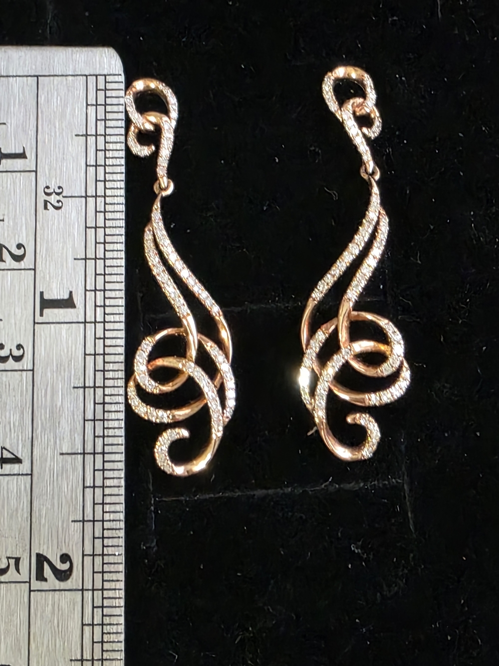 10k Solid Rose Gold Diamond Swirl Earrings - Picture 3 of 6